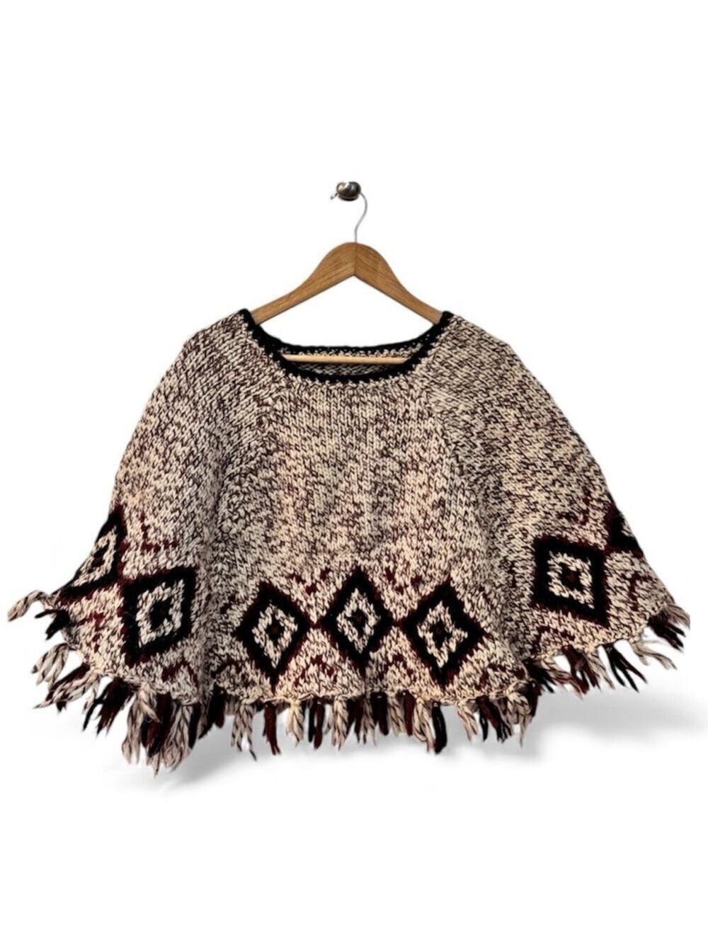 Handmade Chunky Knit Fringe Poncho Southwest Diamond One Size
